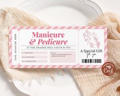 a pink and white striped ticket for a spa party with the name massage on it