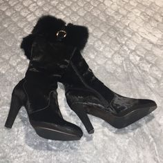 Black Fur Heeled Boots Vet Soft Not Sure What The Fur Is But They Are Stunning And Made In Italy , Brand New No Box Or Tags , No Issues , Odors , Smoking Or Pets Black Formal Winter Boots, Ankle-high Winter Heels For Formal Occasions, Ankle-high Heels For Winter Formal Occasions, Ankle-high Heels For Winter Formals, Winter Formal Ankle-high Heels, Formal Closed Toe Heeled Boots For Winter, Formal Winter Boots With Padded Heel, Black High Heel Boots With Suede Lining, Black Suede-lined High Heeled Boots