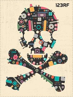 Vector illustration of a skull with many colorful icons Halloween Grunge, Colorful Icons, Grunge Background, Skull And Crossbones, Vector Illustration, Halloween, Color