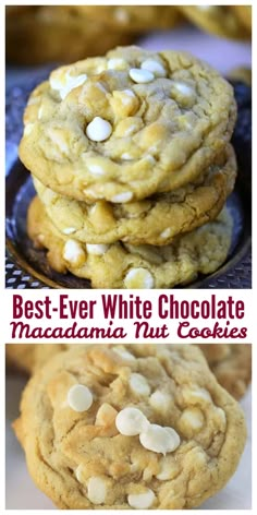 the best ever white chocolate macadamia nut cookies are stacked on top of each other