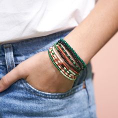 Take the guesswork out of that must-have layered look with our 10-strand bracelet packs! Perfectly curated into stacks that look great when worn together to make a statement, but can also be worn separately for a minimal aesthetic. Plus, they look great styled on either side of your watch! Style tip: Our Desert colorway is a crowd favorite for a reason - these nature-inspired hues pair perfectly with a wide arrange of wardrobe aesthetics. We suggest wearing these with your go-to little black dre Beaded Bracelet Stack, Black Confetti, Bracelet Pack, Thread Bracelets, Minimal Aesthetic, Stackable Bracelets, Stretchy Bracelets, Seed Bead Bracelets, Strand Bracelet