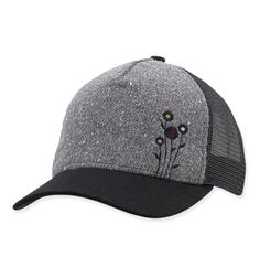 a gray and black hat with flowers on it