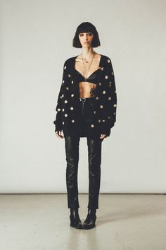 THE POLKA DOT KNIT Cardigan is crafted from a brushed wool & mohair blend fabric for an extra soft feel. It features an all over classic Polka Dot Jacquard Knit, ribbed cuffs & is cut in an oversized fit. Polka Dot Cardigan, Cardigan Black, Jacquard Knit, Feel It, Fabric Details, Black Cardigan, Knit Cardigan, Polka Dot, Bell Sleeve Top