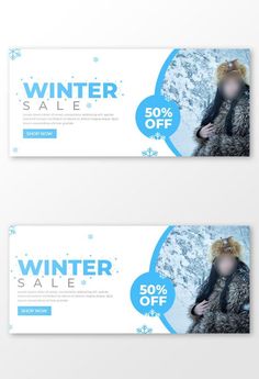 two banners for winter sale with blue and white snowflakes on the front, one is