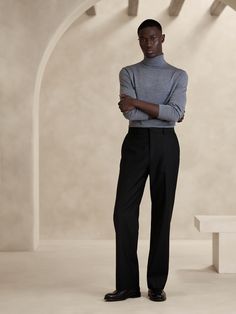 Expertly tailored with modern proportions, this straight-leg dress pant is cut straight through the leg with a full break at the hem.  For fabric, our designers selected a favorite wool in a Barathea weave.  High-rise, straight leg.  Fabric sources from Italy's Marzotto Mill.  Zip-fly with button closure.  Front and back crease.  Front and back pockets.  Lined to the knee.  High-rise.  Straight fit.  Inseams: Short: 29. 5", Regular 31. 5", Long 33. 5" Model: Size 32x32, 6'2" (188cm). Mens Big And Tall Dress Pants, High Waist Mens Dress Pants, Straight Leg Suit Pants Men, Formal All Black Outfit Men, Men’s Black Pants, Elegant Straight Pants For Formal Occasions, Elegant Straight Formal Bottoms, Elegant Straight Bottoms For Formal Occasions, Elegant Straight Fit Formal Pants