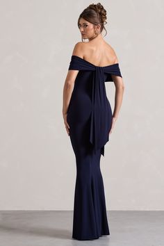 Cloe Navy Bardot Maxi Dress – Club L London - USA Prom Vibes, Navy Blue Long Dress, Black Tie Attire, Formal Maxi Dress, Formal Wedding Guests, Club L London, Bardot Neckline, Sleek Bun, London Dress