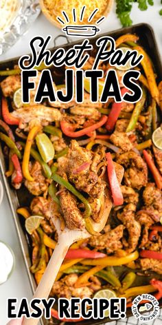 sheet pan fajitas recipe on a wooden spoon