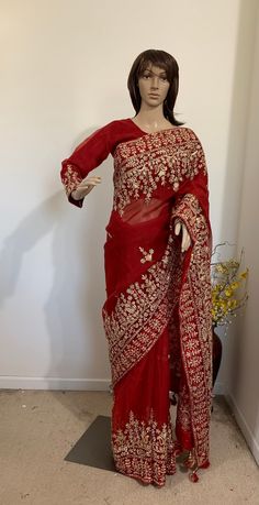 Product code-SA23 Muslin blood red designer bridal Saree for Women Fancy Party Wear.Heavy wide golden zari,Stone, karchupi hand work saree with stitched embroidered red full sleeve Blouse Falls,Picu, piping tassel work nicely done  * Saree Length: - 5.6 Meter * Blouse- stitched size 38-40  * Blouse is stitched. Saree colour-Blood red * Saree Comes with stitched Blouse piece. Anarkali Long Sleeve Pre-draped Saree For Diwali, Bollywood Style Long Sleeve Sharara In Organza, Embroidered Pre-draped Saree With Long Sleeves For Reception, Long Sleeve Organza Traditional Wear For Reception, Festive Semi-stitched Blouse Piece With Dabka Work, Red Semi-stitched Pre-draped Saree With Resham Embroidery, Traditional Pre-draped Saree For Navratri, Red Resham Embroidery Pre-draped Saree For Wedding, Long Sleeve Resham Embroidery Pre-draped Saree For Festive