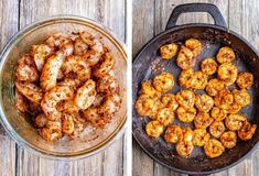 two pictures side by side showing the process of cooking shrimp