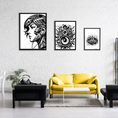 three black and white paintings hang on the wall above a yellow couch in a modern living room