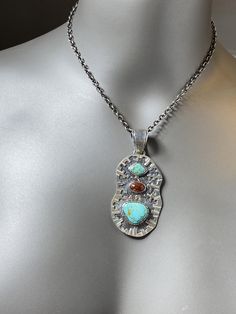 "Artisan Turquoise and Mexican fire Opal pendant Hand-made Sterling Silver 925. Stones used: Turquoise (Nevada), Mexican Fire Opal. Height -3\" (including bail), Width - 1 1/4\" Height - 75mm (including bail), Width - 35mm Unique Handcrafted One-of a-kind Design Pendant Each Piece of Jewelry in my Collection is Absolutely One of a Kind! When you start wearing a piece of my jewelry you will fall in love with it more and more each day and feel that good Energy and Love that I pass into it while cr Statement Rings Unique, Mexican Fire Opal, Statement Pendant, Unique Gemstones, Good Energy, Agate Pendant, Opal Pendants, Metal Pendant, Turquoise Pendant