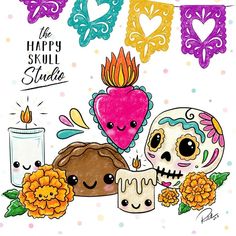 a card with skulls, candles and flowers on the front reads it's happy skull studio