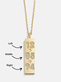 Commemorate meaningful numbers with our 18K Gold Stacked Custom Number Necklace. Crafted with 18K gold plated sterling silver and Cubic Zirconia stones, this necklace features three rows of pavé double-digit numbers, with each row separated by a single Cubic Zirconia stone. Personalize with a special date or even the last two digits of three years that are significant. Please note: you must add six numbers. We are unable to produce products with less. Luxury Everyday Jewelry With Diamond Hour Markers, Meaningful Numbers, Number Necklace, Gold Plated Sterling Silver, Bracelet Sizes, Cubic Zirconia, 18k Gold, Gold Necklace, Gold Plate