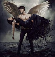 a man holding a woman in his arms with wings flying over him and the sky