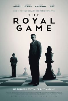 the royal game movie poster with man standing in front of chess board and two men looking on