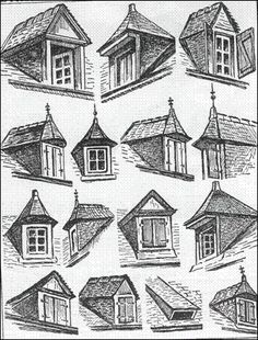 an old drawing of different types of windows and roofing shingles on a house