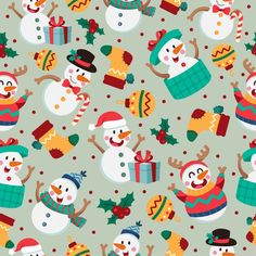 snowmen with hats, scarfs and gifts on a green background seamless pattern