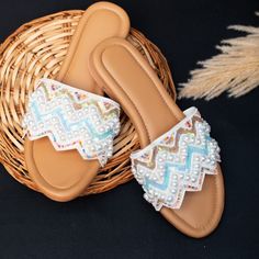 Flat Embroidered Sandals For Beach, White Embroidered Open Toe Sandals, Handmade Open Toe Flip Flops As Gift, Handmade Flip Flops As Gift, Handmade Bohemian Open Toe Slippers, Beaded Open Toe Sandals As Gift, Bohemian Handmade Open Toe Slippers, Handmade Open Toe Slippers For Vacation, Handmade Open Toe Slippers For Spring