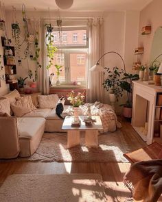 a living room filled with lots of furniture and plants on the wall above it's fireplace