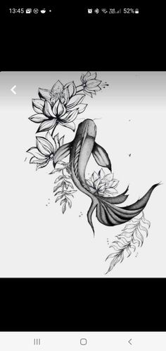 a drawing of a fish with flowers on it's back and an arrow in the middle