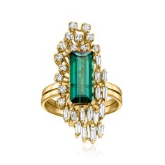 Ross-Simons - C. 1990 Vintage 2.80ct Green Tourmaline, 1.25ct t. w. Diamond Ring Emerald Cut Size 7. C. 1990. The eclectic design of this Estate collection find is peerless! Assuming an elongated jagged profile, our cocktail ring is centered by a 2.80 carat green tourmaline baguette that is enough to turn heads on its own. Then comes the modern open-space frame, where 1.25 ct. t. w. round brilliant-cut and baguette diamonds occupy respective settings in luxe 18kt yellow gold. The glossy band is wedged, giving the appearance of two slimmer bands. Incredible! 1 1/4" wide. Diamond and green tourmaline ring. Exclusive, one-of-a-kind Estate Jewelry. Jewelry Presentation, Antique Jewelry Rings, Green Tourmaline Ring, Emerald Cut Diamond Ring, Space Frame, Baguette Diamonds, Eclectic Design, Tourmaline Ring, Baguette Diamond