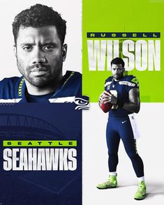 a man holding a football in front of a green and blue background with the words russell wilson on it