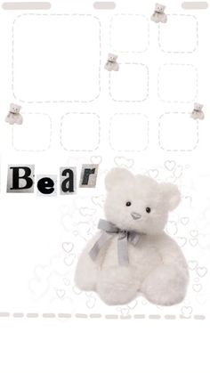 a white teddy bear sitting in front of a wall with the word bear on it