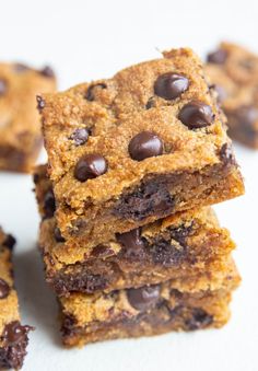 chocolate chip cookie bars stacked on top of each other