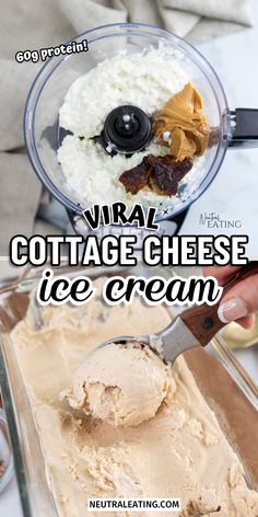 a person scooping ice cream from a blender into a bowl with the words, virtual cottage cheese ice cream