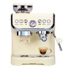 an espresso machine with a cup of coffee on the front and two controls