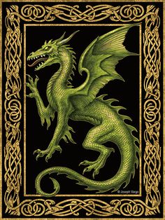 a golden dragon on black and gold background with an ornate border in the shape of a square