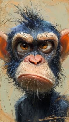 a painting of a monkey with blue hair and orange eyes, looking at the camera