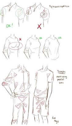 how to draw the torso and chest in three different ways, from top to bottom