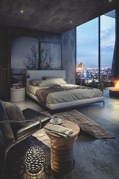 an instagram photo of a bedroom with a view of the city