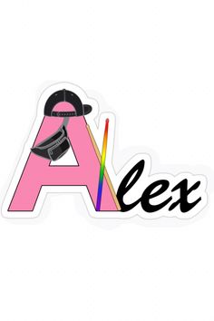 a sticker with the word alex on it and a hat in front of it