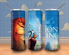 the lion king tumbler cups are shown in three different colors and designs, one is blue