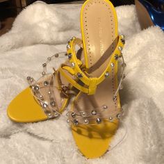 Adrienne Vittadini Dress High Heel Clear Strap Beaded Scandal Open Toe Shoe Yellow Two Pair Both Size 9 Never Used New Without Box Cream Colored Heels, Yellow 4-inch Heel Formal Heels, Trendy Yellow Heels With 4-inch Heel, Black Pointed Heels, Black Lace Heels, Yellow Open Toe Heels With 4-inch Heel, Yellow High Heels, Black Sparkle Dress, Yellow Synthetic Heels With 4-inch Heel