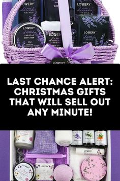 a purple basket filled with lots of different types of items and text that says last chance alert christmas gifts that will sell out any minute