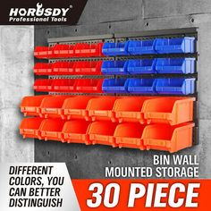 the wall mounted storage rack has 30 bins on it