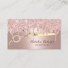 hair stylist business card with scissors and pink glitters on the bottom layer