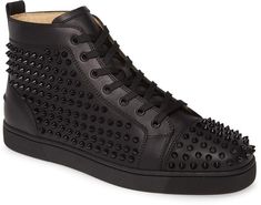 Designer Leather Sneakers With Spikes, Casual Leather Sneakers With Studs, Designer High-top Sneakers With Studded Outsoles, Spiked Lace-up Leather Sneakers, High-top Sneakers With Studded Rubber Outsoles And White Sole, High-top Leather Sneakers With Spikes, Sporty Spiked Leather Sneakers, High-top Sneakers With Leather Sole, Red Sole Leather High-top Sneakers