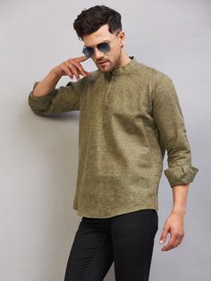 Vastramay Men's Green Short Cotton Kurta Casual Cotton Tops For Eid, Casual Straight Kurta For Summer, Casual Summer Kurta, Green Casual Summer Kurta, Casual Cotton Kurta With Relaxed Fit, Casual Cotton Straight Kurta, Casual Long Sleeve Kurta For Festive Occasions, Casual Long Sleeve Festive Kurta, Festive Long Sleeve Casual Kurta