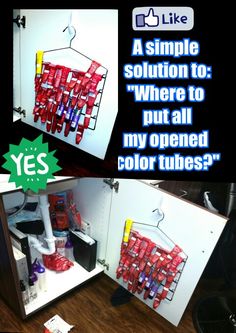 Hairstylist Station Organization, Hair Salon Organization, Salon Hair Color Storage Diy, Haircolor Storage Salon, Salon Station Organization, Hair Color Tube Organizer Ideas, Hair Color Organizer Salon, Open Hair Color Tube Storage, Hair Salon Organization Ideas