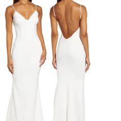 two women in white dresses with one wearing a backless dress and the other wears a low neckline