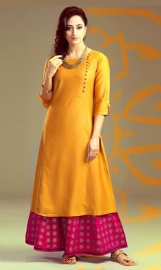 Poly+Silk+Orange+Plain+Unstitched+Palazzo+Style+Suit+-+A50 at Rs 999 Yellow Kurti Design, Yellow Kurti, Kids Frocks Design, Kurti Design, Kurta Designs Women, Indian Attire, Frock Design