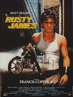 the movie poster for rusty james starring in which he appears to be riding a motorcycle