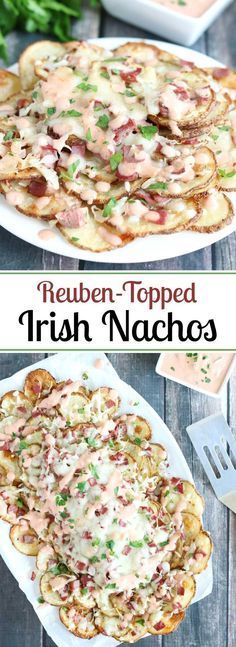 two plates with different types of food on them and the words reuben topped irish nachos