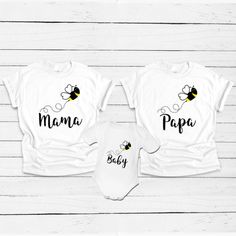 Mama Papa and Baby Bee Shirts, 3 Shirts Set, Bee Family Shirts, Pregnancy Announcement, Reveal Shirts, Baby Shower Gift, Mama Bee, Papa Bee White Cotton Top For Gender Reveal, White Tops With Custom Parenting Print, Cute White Shirt For Family Events, White Top With Custom Parenting Print, White Tops With Custom Print For Parenting, White Top With Custom Print For Parenting, White Shirt With Letter Print For Family Occasions, White Tops With Name Print For Family, White Matching Shirt With Name Print