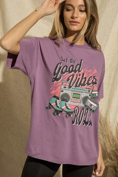 Make a statement with this Let The Good Vibes Roll Tee! Featuring a distressed detail and oversized fit, this purple t-shirt will have 'em rolling in good vibes. Don't be shy - time to get out there and show off your great style! 🤩 How To Style: Dressed Down: Wear it with your favorite shorts and sneakers for a fun on-the-go look! Dressed Up: Size up and wear it as a dress, paired with cowgirl boots and a jean jacket or blazer for a fun night-out look! How It Fits: Unisex relaxed fit. Recommend Oversized Purple Top With Text Print, Trendy Purple Slogan T-shirt, Retro Purple Tops With Graphic Print, Purple Retro Tops With Graphic Print, Trendy Purple Tops With Funny Print, Purple Grunge T-shirt With Graphic Print, Purple Grunge T-shirt With Letter Print, Purple Grunge Graphic Print T-shirt, Purple Relaxed Fit Slogan Top