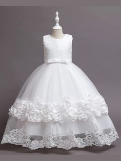 Girls Communion Dresses | White Floral Princess Belted Tiered Dress Layered Tulle Skirt, Elegant Feminine, White Dress Party, Lined Skirt, Floral Ruffle, Lace Bodice, Formal Gowns, Perfect Dress, Tulle Skirt